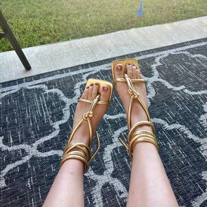 Gold Bottega Veneta Leather Wrap Sandals